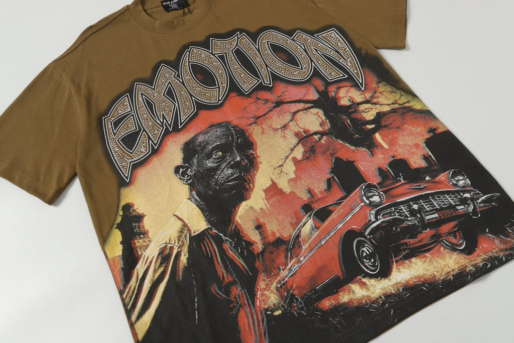 MIXED EMOTION Olive Brown Graphic T-Shirt — front
