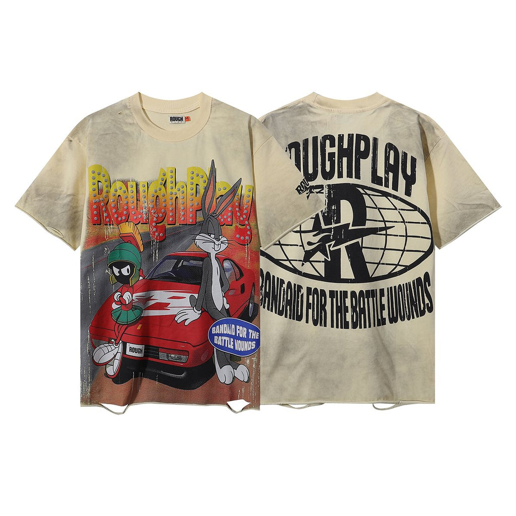 Rough Play Rabbit Car Distressed Short-Sleeve T-Shirt — front